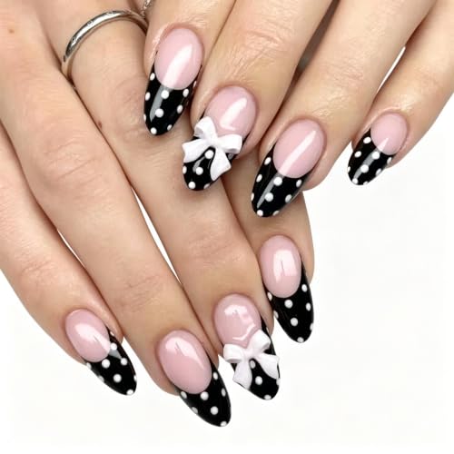 Tiwnefua 144Pcs 6 Styles Polka Dot Press On Nails Medium Almond French Tip