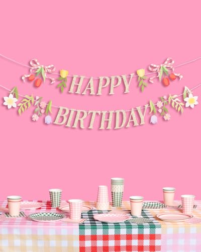 Floral Happy Birthday Banner | Garden Party Decor with Gold Glitter