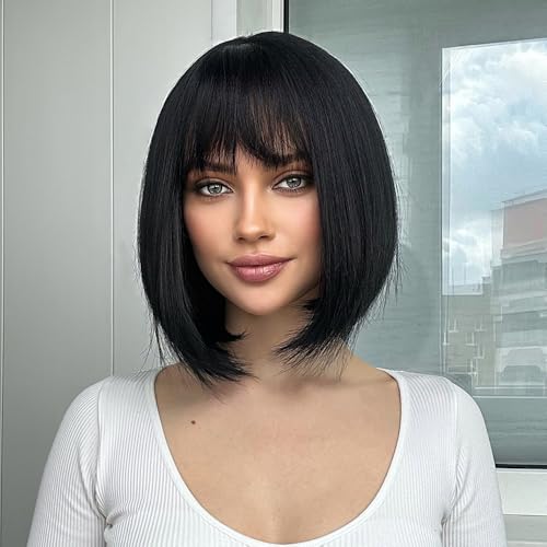 Short Bob Wig with Bangs – Natural Black Synthetic Hair for Women