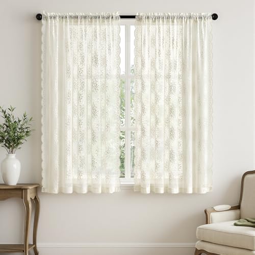MIULEE Vintage Floral Lace Curtains - 2 Panels, Ivory 52" x 63"