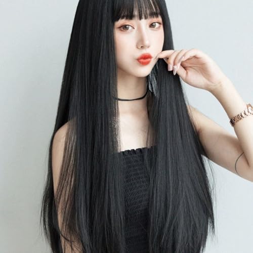 MaitianGuyou Women's Natural Black Long Straight Hair Wig with Air Bangs - Heat-Resistant Synthetic Topper 70cm