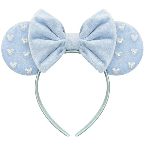 Trnerm Blue Fuzzy Mouse Ears Headband for Women, Bead Bows Cosplay Accessory