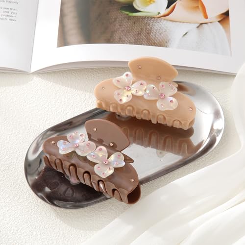 HAIMEIKANG Flower Acrylic Hair Claw Clips for Women - 3.54” Medium, Non-Slip, Strong Hold, Stylish Accessory, Coffee+Khaki Set