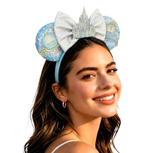 Blue Sequin Mouse Ears Headband for Women with Castle Bows