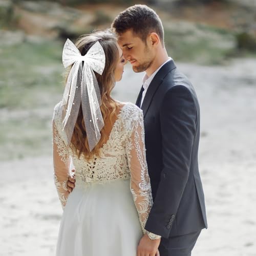 White Hair Bow Veil with Large Pearl Hair Pins for Brides