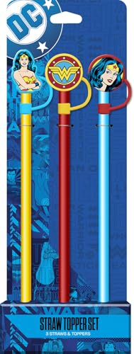 Wonder Woman Straw Topper Set - 3 Pack BPA-Free Silicone Straws