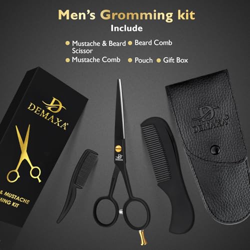 DEMAXA 5" Professional Beard Scissors for men Mustache Scissors with 1 Mustache Comb, 1 Beard Comb & Soft Pouch ? Prefect Beard shears mustache kit for All Facial Hair ? moustache Grooming kit for Men