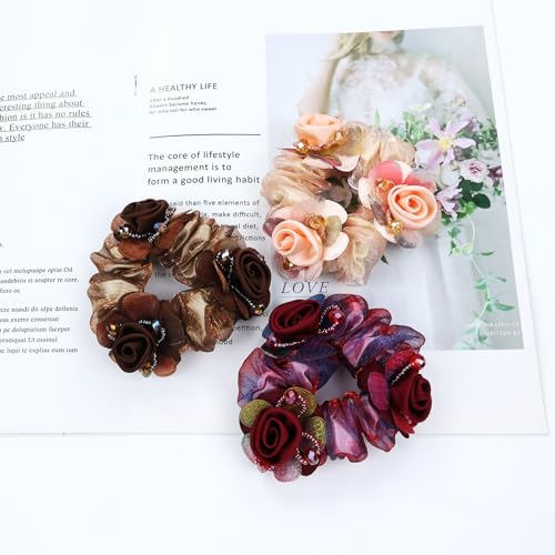7-Piece Floral Mesh Rose Hair Scrunchies - Elegant Stretchy Hair Ties