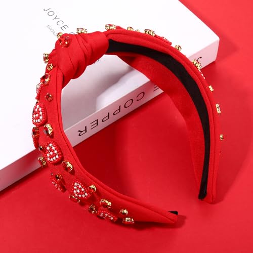 Beaded Heart Valentine’s Day Headband - Jeweled Rhinestone Knotted Hairband