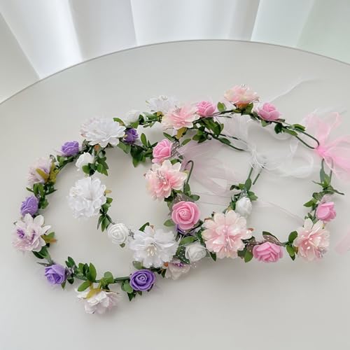 Vividsun Floral Hair Wreath Crown Headpiece - 3 Pcs Adjustable Rose Flower Garland