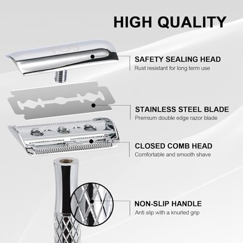 THE GROOMING SOCIETY Double Edge Safety Razor Set - Silver with Stand