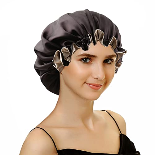 Large Satin Bonnet for Women - Adjustable Double Layer Night Cap (Black/Champagne)