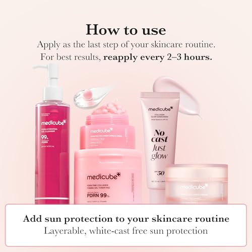 medicube No Cast Just Glow Collagen Sunscreen | SPF 50 Broad Spectrum Face Sunscreen | Lightweight, Non-Sticky, Hydrating Formula | Peptide, Cica for Soothing & Glow | Korean Skincare