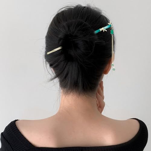 Milovgvset 6PCS Green Chinese Hair Sticks Set with Pearl Flower & Bamboo Design for Women