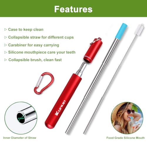 Kynup Collapsible Reusable Metal Straws with Silicone Tips - 4 Pack Set for Travel