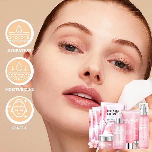 DuoZeng 8pcs Sakura Skincare Set, Moisturizing Face Cleanser, Serum, Toner & Masks for All Skin Types