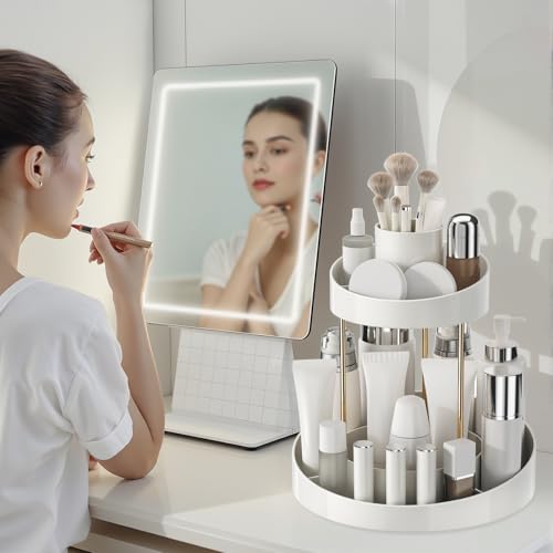 White 2-Tier Rotating Makeup Organizer for Vanity & Bathroom Storage