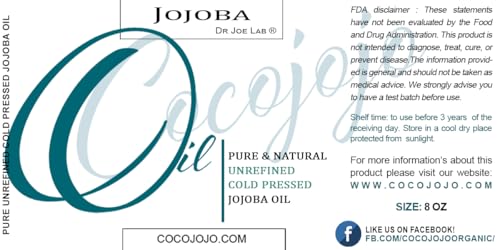 Organic Jojoba Oil 8 Fl Oz - Pure Cold Pressed Natural Skin & Hair Moisturizer