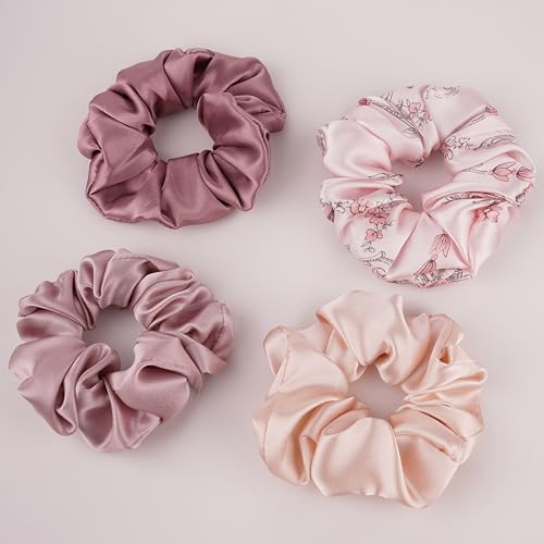 100% Mulberry Silk Hair Ties Set of 4 - Roses, Pink Beige, Lotus Pink, Cameo Brown