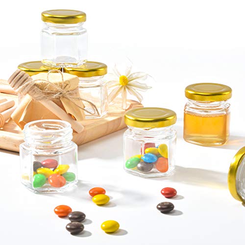 Set of 6 Mini Glass Hexagon Jars with Gold Lids & Bee Charms