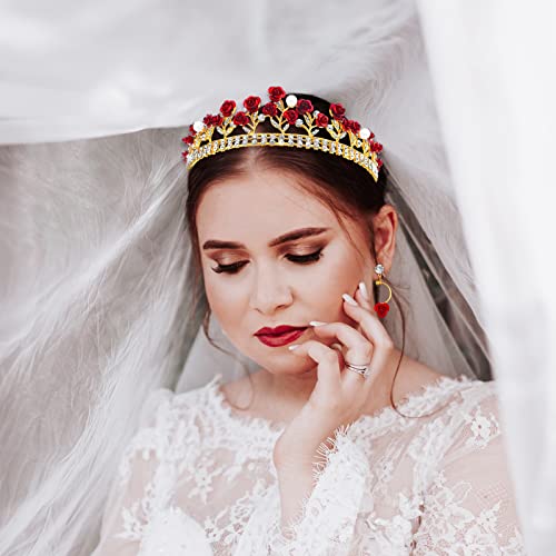 Aswewamt Red Bridal Rose Crown Headband and Earrings Set - Gold Flower Wedding Jewelry