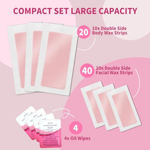 60 PCS Wax Strips - 40 Facial & 20 Body Waxing Kit for Women¡¯ s Hair Removal,Wax Strips for Face,Eyebrow,Body, Arms, Legs, Chest, Back, Bikini/Brazilian Waxing Strips & 4Calming Oil Wipes