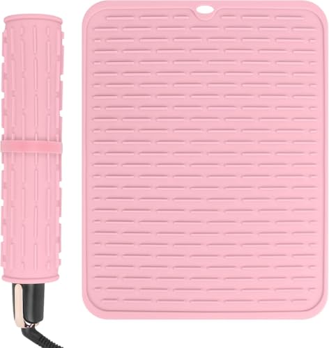 15.7" Oversize Heat Resistant Silicone Mat for Styling Tools: Curling Iron, Flat Iron, Hair Straightener - Portable Hair Styling Pad Cover Pink