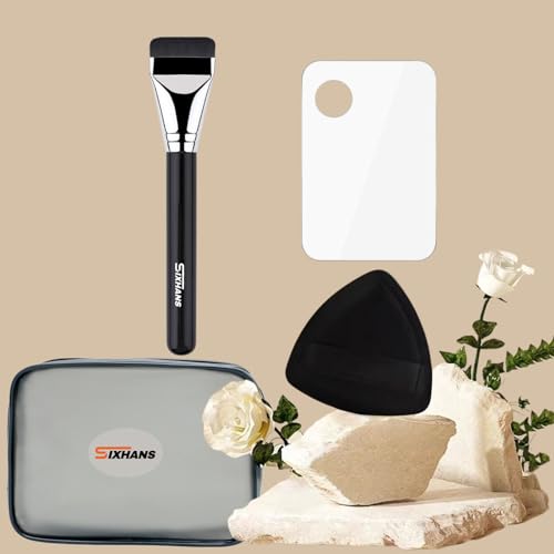 Rubycell Flat Foundation Brush Set with Makeup Sponge & Mixing Palette - Liquid & Cream Face Makeup Tools