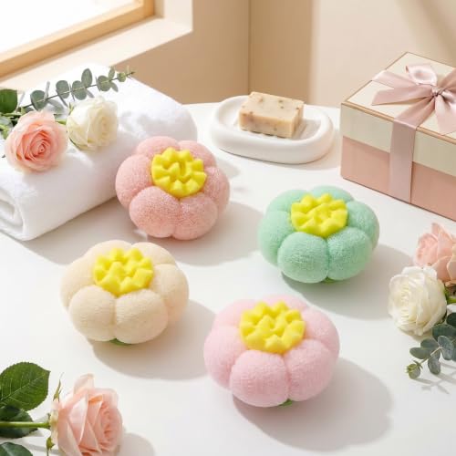 Sycrotoy 4-Pack Sunflower Bath Sponges, Exfoliating Shower Pouf with Suction