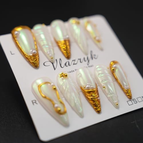 White Gold Pearlescent Long Stiletto Press On Nails - Size M