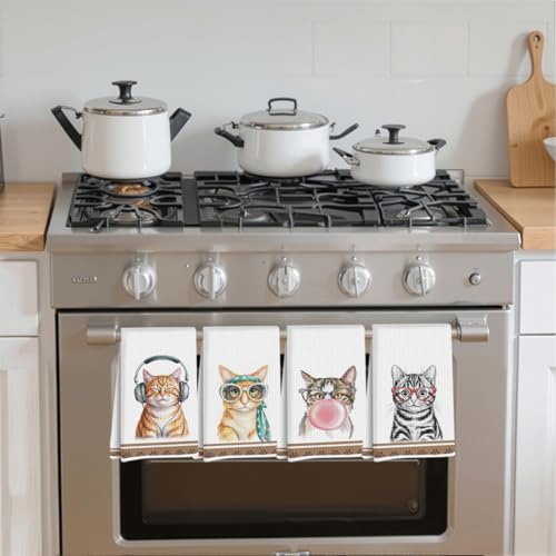 Cute Cat Kitchen Towels - 4 Pack, Absorbent Microfiber Dish Cloths