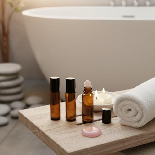 Pink Amber 10ml Refillable Essential Oil Roller Bottles with Jade Rollers - Leak-Proof Travel Set