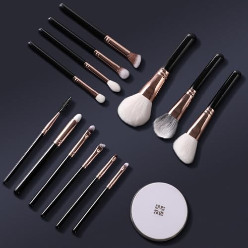 13-Piece Black Makeup Brush Set with Goat Hair & Synthetic Bristles for Face & Eyes