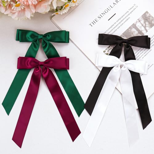 Feinigesi Satin Bow Hair Clips 4-Piece Set with Long Tails – Black White Teal Green Wine Red