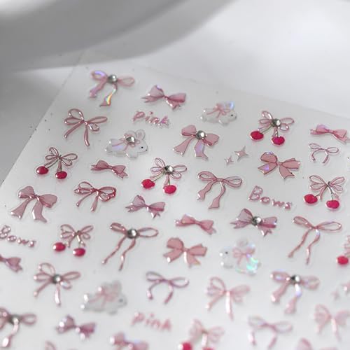 5D Pink Bow Nail Stickers with Rhinestones - Cute Rabbit Design