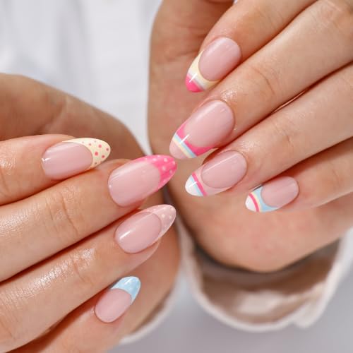 PILOLO Pastel Rainbow Polka Dot French Tip Press-On Nails – Almond Shape, 30 Nails, Glue & Tools Included