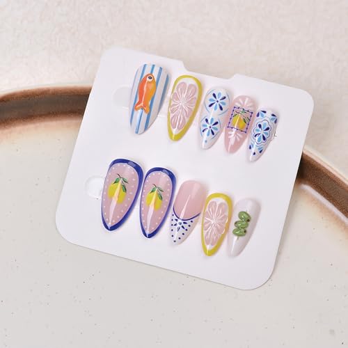 24Pcs Almond Press on Nails - Cute French Tips Manicure Set