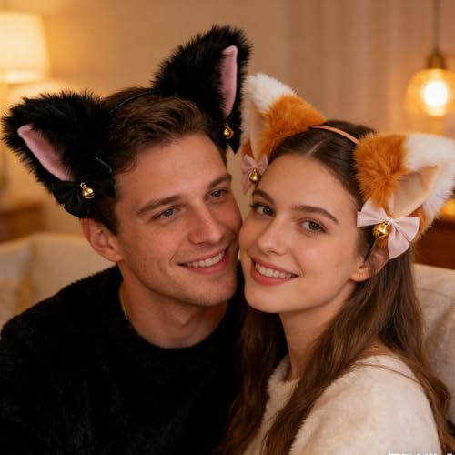 Black & Brown Plush Cat Ears Headband for Cosplay & Parties