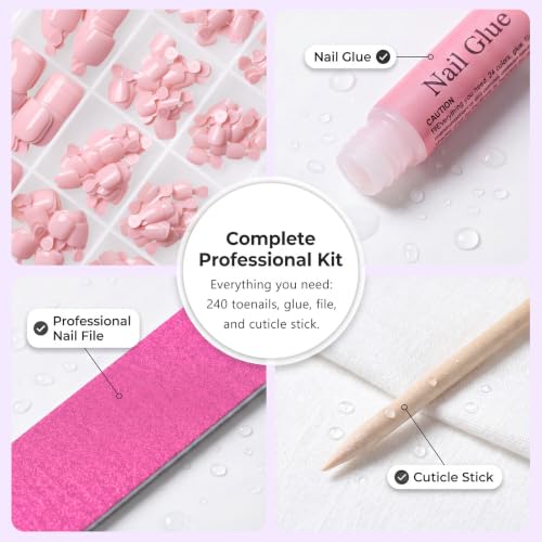 AddFavor Baby Pink Press-On Toenails Kit with 240 Fake Nails & Accessories