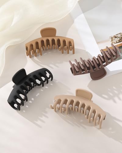 CHLINS Claw Clips for Fine Hair - 4.2 Inch Matte & Leopard Variations, Non-Slip Hair Accessories for Women & Teens - Light Khaki, Khaki, Coffee, Black