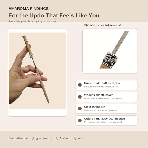 MYAROMA FINDINGS Wooden Sword Hair Pin 4.9 Inch Steel Bun Holder for Women, Gothic Renaissance Festival Accessory (Original)