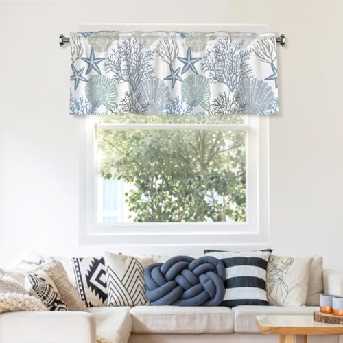 Coastal Window Valance - 54"x18" Nautical Blue Coral Curtains