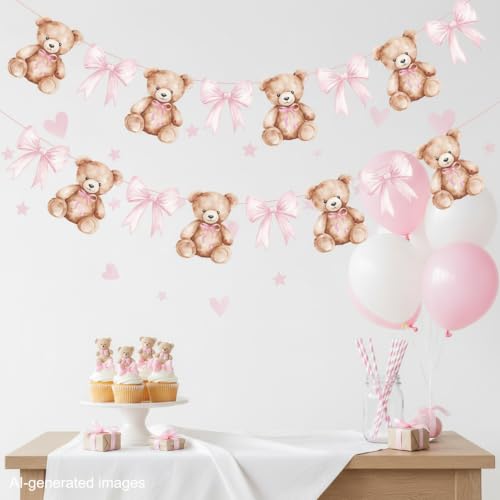 We Can Bearly Wait Teddy Bear Banner Set with Pink Bow - 2PCS Baby Shower Decorations