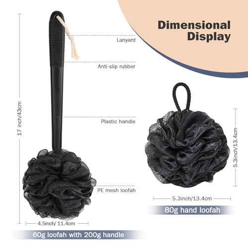 ROLIZOE 17-Inch Black Non-Slip Back Scrubber with Handle - Hand Shower Loofah & Loofah on a Stick Set