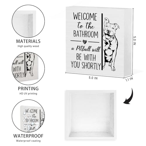 Funny Pit Bull Terrier Wooden Box Sign - 5x5 Inch Bathroom Decor
