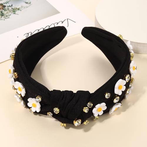 NVENF Flower B - Black Knit Floral Headband with Crystal Embellishments