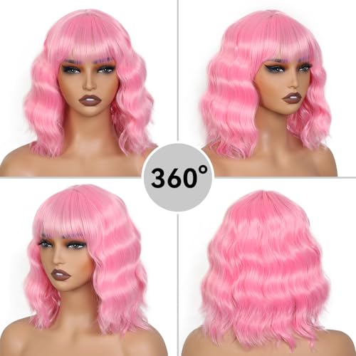 Pink Short Bob Wig with Bangs - 14 Inch Loose Wavy Synthetic Hair