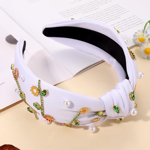 Flower C-White Pearl Knotted Headband for Women - Floral Top Knot with Rhinestones
