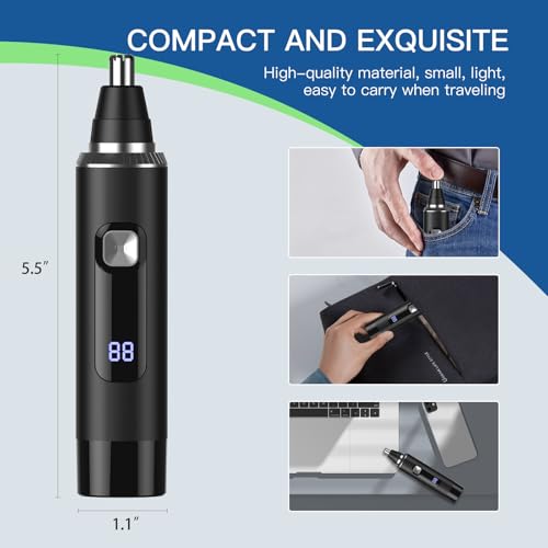 Ginity Nose Hair Trimmer for Men, 2-in-1 Rechargeable Ear and Nose Hair Trimmer with LED Display, IPX7 Waterproof Painless Precision Groomer, Type-C Charging, Professional Dual-Edge Blades£¨Black£©