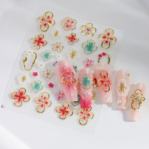 MIXFOSAHN 3D Flower Style Nail Stickers Self-Adhesive Colorful Floral Art Set - 4 Sheets